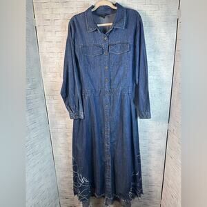 Ashley Stewart Full length Button Down Denim Dress long sleeve raw hem plus size